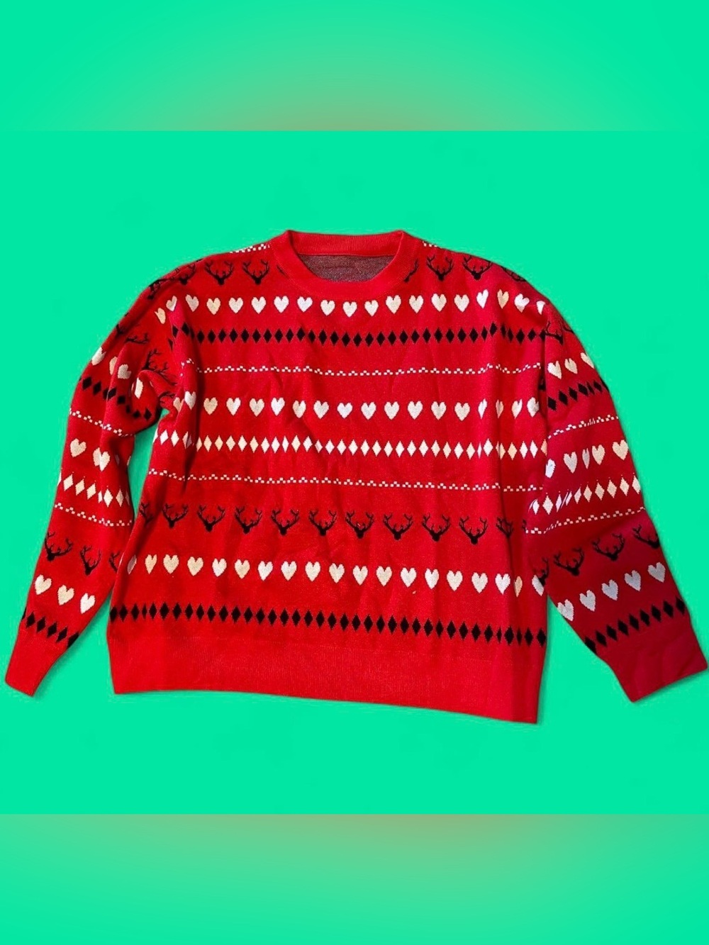 Zaful Red Holiday Crewneck Sweater with White and Black Motif